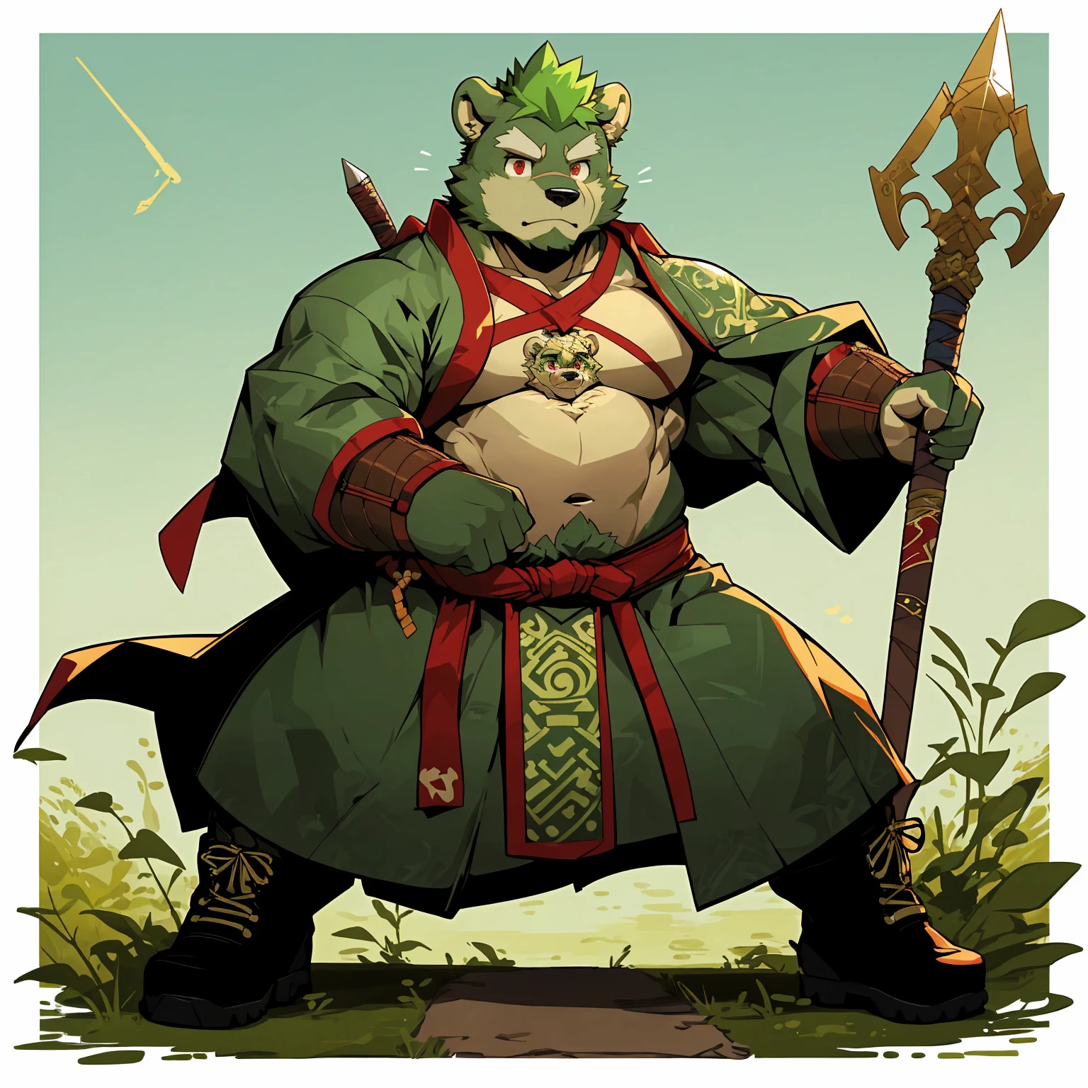 (Light green bear),(Emerald green forest green general jersey),Holding a spear,Powerful posture,Standing confidently and proudly,(The background is an endless sea:1.2),abdominal muscles,heroic posture,A perfect masterpiece,Various facial details,distance perspective,specific description,masterpiece,cg,(Pale red eyes),Light green pattern,Light green tail,general,heroic posture,bear,Emerald fur,Concrete facial details,Half body,(Emerald green general combat boots),(Chang Ling),((middle aged)),(face focus),(16k),HD,Green and white belly,temple,beard,(Face lines),Different pupils,(Emerald green ancient war robe),(green hair),Strong,muscle,(high resolution:1.3),Weeds underfoot