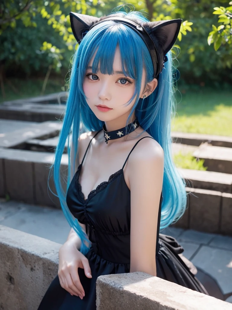 Masterpiece, best quality, ai-generated, cat girl
, Blue hair,cowboy shot,black dress,