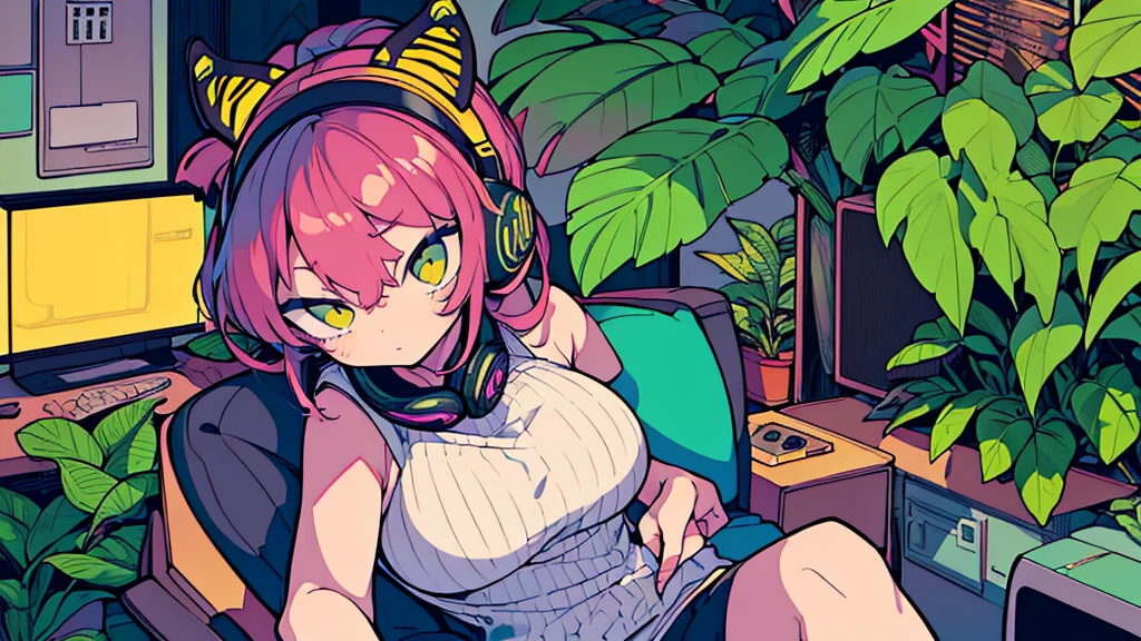 Best quality, (masterpiece:1.2), best detail face,1 girl, big breasts, 18 yo, 8k,absurdres,unity 8k wall paper,(extremely detailed:1.3), highest realistic, (retro headphones:1.1), (soft neon light:1.1), Her room full of music equipment and plants, Leaning back on the chair with a casual attitude, Light clothing in summer, natural color palette, retro filter