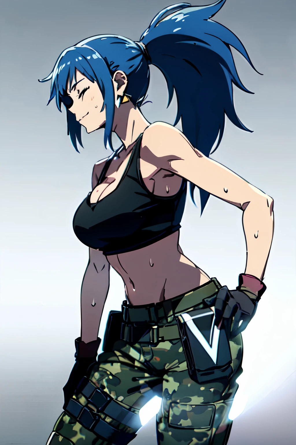 LEONA HEIDERN, BLUE EYES, BLUE HAIR, PONYTAIL, TANK TOP, CAMOUFLAGE PANTS, JEWELRY, CLEAVAGE, CAMOUFLAGE, BARE SHOULDERS, LARGE BREASTS, CROP TOP, POUCH, BANGS, BELT, EARRINGS, SLEEVELESS, MIDRIFF, LONG HAIR, TRIANGLE EARRINGS, BLACK GLOVES, 1girl, solo,side view, viewed from side, smile, sensual expression,eyes closed,leaning forwards,leaned forwards,sweaty