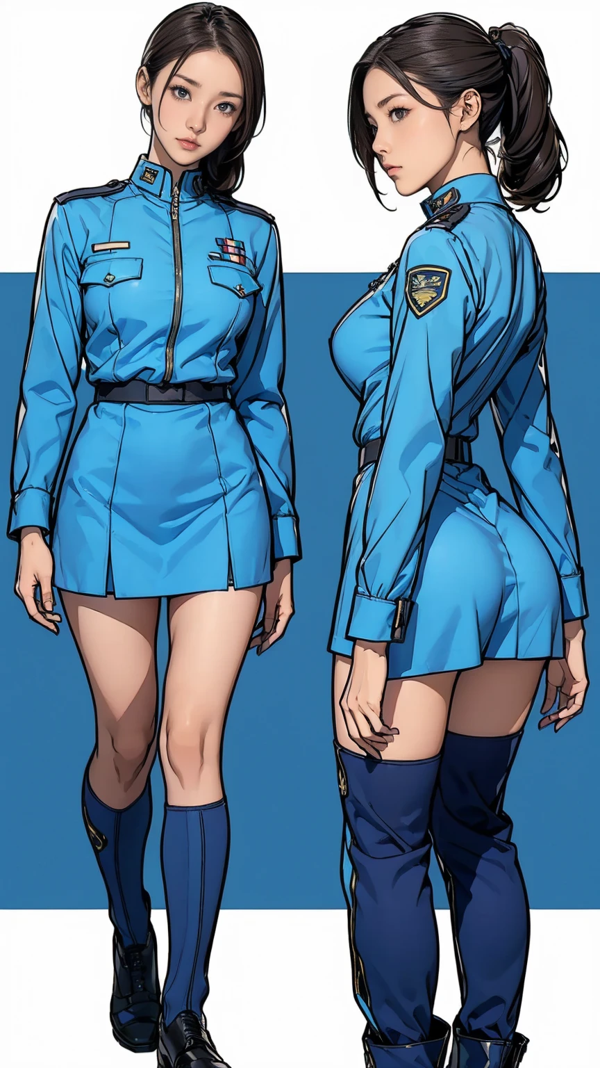 ((masterpiece)),(((Highest quality))),((Reference Sheet, Character Design, front, Rear View, ~ side, Mr..々Hairstyle, Mr..々Performance, Facial Performances)), , Cute type, (Very slim:1.4), (Very small ass:1.4), Realistic buttocks, (Large Breasts:1.3), Short Bob, Thin thighs, Long legs,(A female Earth Federation officer is walking), (Wearing Earth Federation military uniform skirt, White and blue military skirt),(Worn by federal government employees)