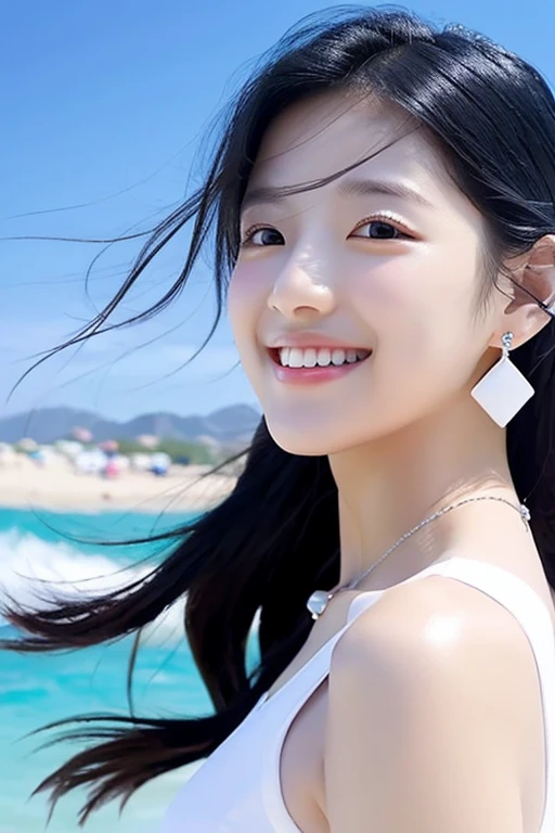 a girl wearing tiny blue sample earring, At the beach, sea, blue sky, sea breeze, half body shoot, Korean, KPOP, happy smile, group, white skin, black hair, jewelry, commercial advertising, white background, laser gradient background, subsurface scattering effect