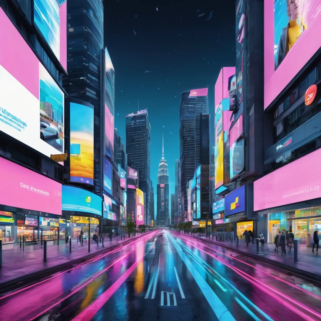Create an incredibly vibrant and visually arresting image centered around "Advertising." Imagine a bustling cityscape at night, illuminated by an array of colorful, animated billboards and neon signs that dominate the skyline. The advertisements are dynamic and eye-catching, featuring a mix of holographic displays, augmented reality projections, and digital screens showcasing everything from cutting-edge technology to the latest fashion trends.
In the foreground, a futuristic vehicle with sleek, aerodynamic lines cruises down a busy street, reflecting the dazzling lights of the advertisements. The vehicle's surface features interactive ads that change as it moves, capturing the attention of passersby. People on the sidewalks are engaged with various digital interfaces, using augmented reality glasses and smart devices to interact with the ads around them.
The background should showcase towering skyscrapers adorned with massive screens, each one displaying vibrant and creative advertisements that blend seamlessly with the architecture. Use a bold, high-contrast color palette to emphasize the energy and excitement of the scene, with neon blues, pinks, and yellows standing out against the dark night sky.
The entire image should evoke a sense of futuristic innovation and the relentless pace of modern consumerism, blending elements of technology, art, and commerce to create a truly unique and captivating visual experience.
