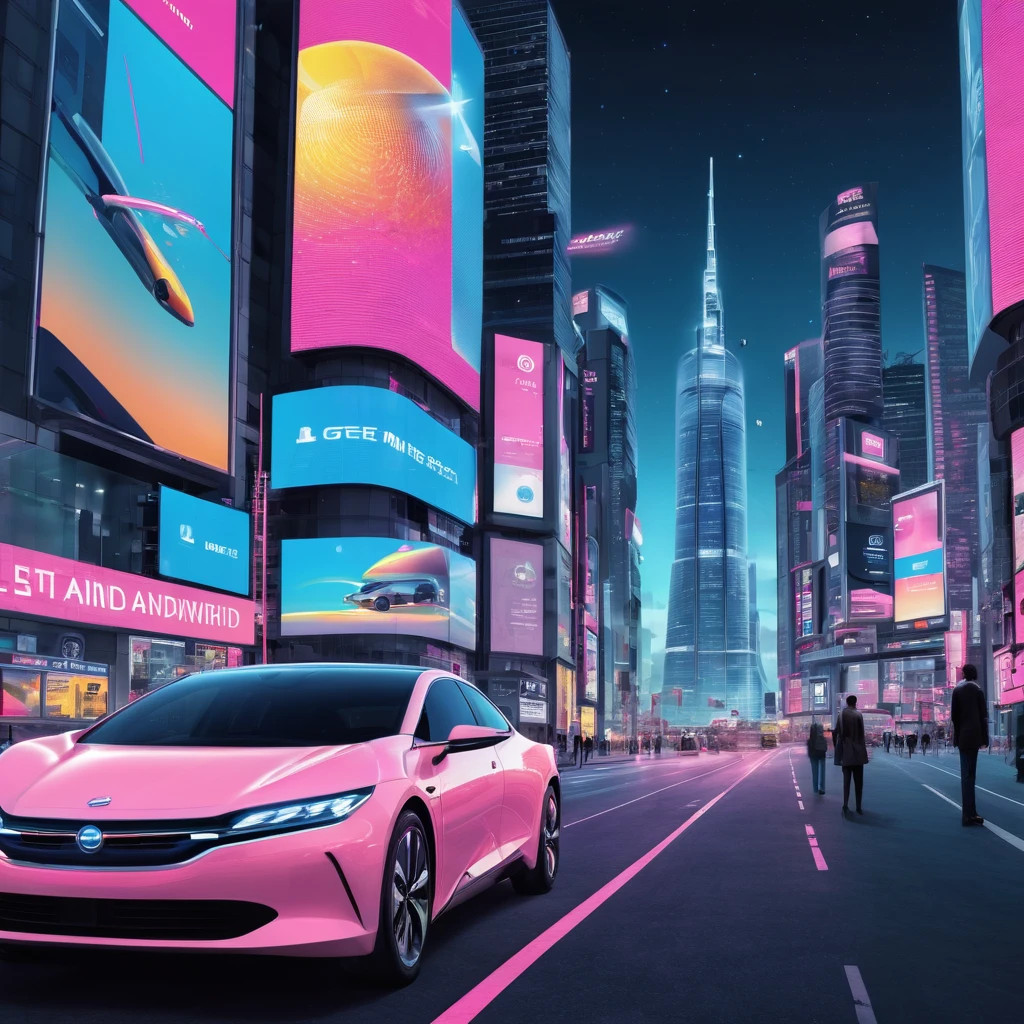 Create an incredibly vibrant and visually arresting image centered around "Advertising." Imagine a bustling cityscape at night, illuminated by an array of colorful, animated billboards and neon signs that dominate the skyline. The advertisements are dynamic and eye-catching, featuring a mix of holographic displays, augmented reality projections, and digital screens showcasing everything from cutting-edge technology to the latest fashion trends.

In the foreground, a futuristic vehicle with sleek, aerodynamic lines cruises down a busy street, reflecting the dazzling lights of the advertisements. The vehicle's surface features interactive ads that change as it moves, capturing the attention of passersby. People on the sidewalks are engaged with various digital interfaces, using augmented reality glasses and smart devices to interact with the ads around them.

The background should showcase towering skyscrapers adorned with massive screens, each one displaying vibrant and creative advertisements that blend seamlessly with the architecture. Use a bold, high-contrast color palette to emphasize the energy and excitement of the scene, with neon blues, pinks, and yellows standing out against the dark night sky.

The entire image should evoke a sense of futuristic innovation and the relentless pace of modern consumerism, blending elements of technology, art, and commerce to create a truly unique and captivating visual experience.