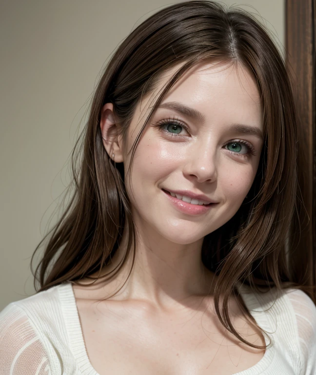 White woman, 35 years old, Brown hair, Green eyes, Nice face, Nice body, laughing