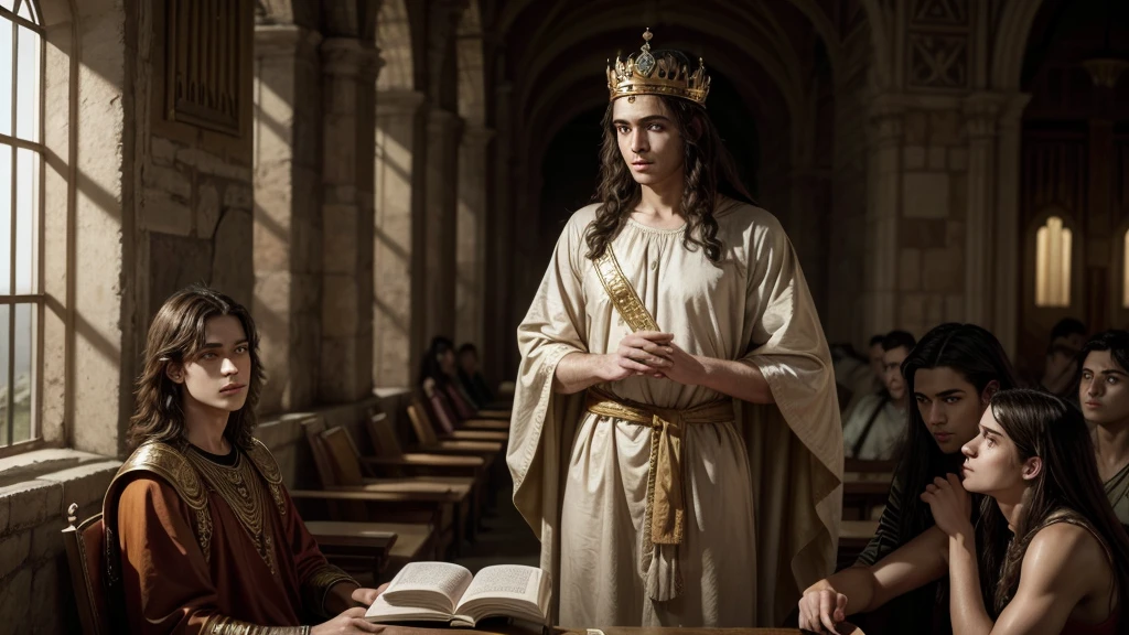King Solomon in his youth, biblical basis, cores quentes, e mostrando que a imagem retrata a uma era antiga.