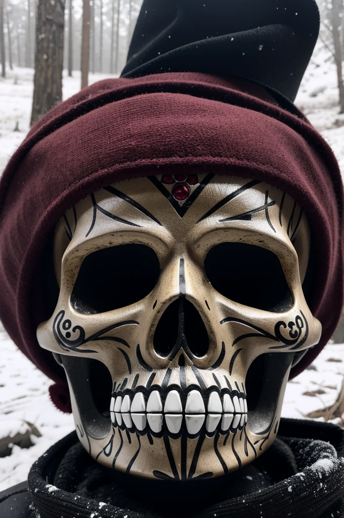 haz una imagen de una calavera en un bosque lleno de nieve, con dos rosa negras alado y balas y una pistola tirado al otro lado