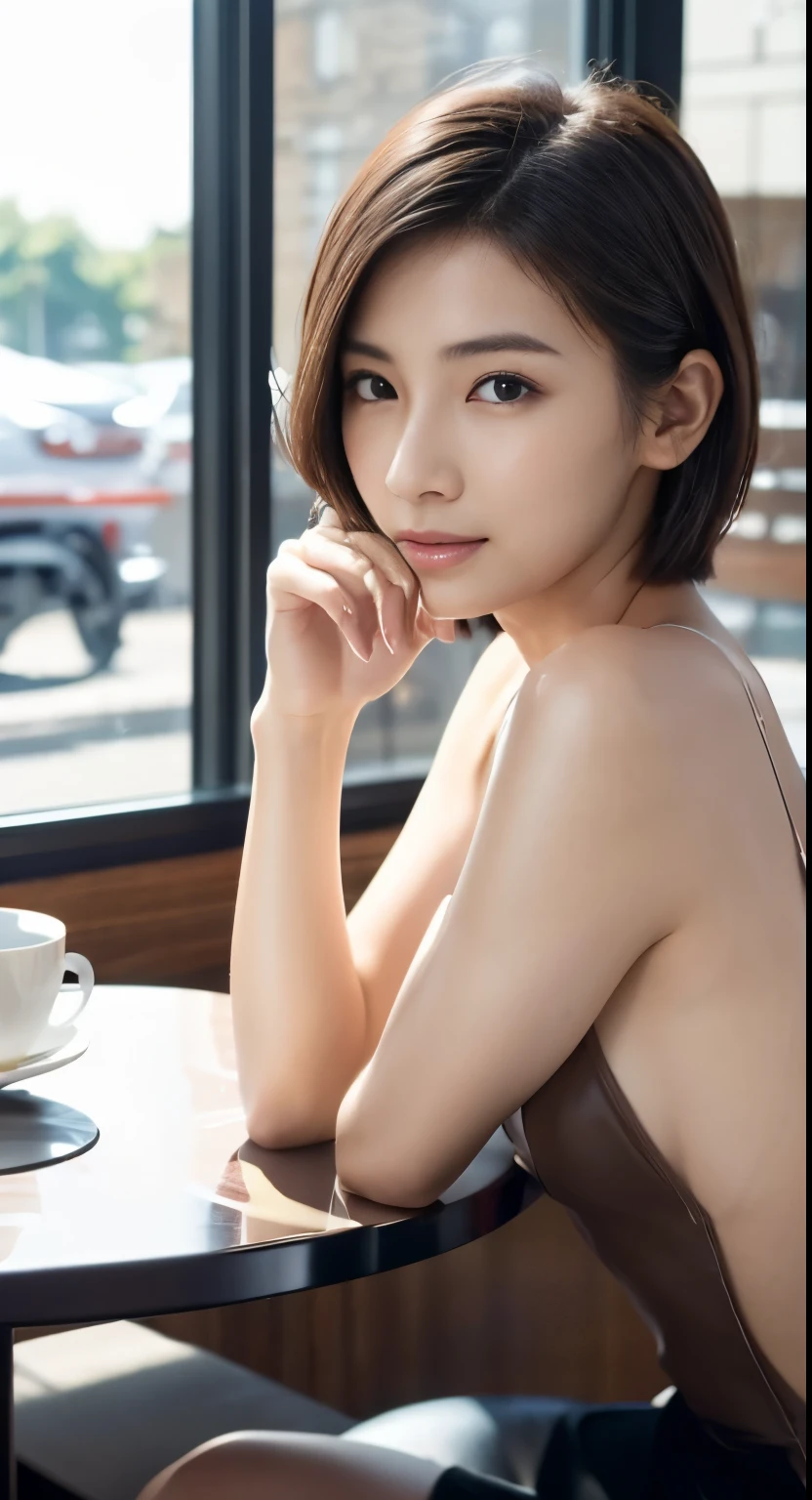 Photorealistic beautiful female student、18-year-old、amazingly beautiful、extremely fine transparency、beautiful body、(highest quality、8K、32K、masterpiece、nffsw:1.3)、ultra high resolution,(Photoreal:1.4),RAW photo, detailed face,,beautiful hair, ((Doctor Style)), ,very short hair 、very short hair、Amazingly beautiful double eyelids、beautiful nipples、 natural makeup,, small perfect breasts, wet hair、detailed background, perfect lighting, Depth of written boundary, beautiful shadow gradation、thin limbs、thin thighs、(whole body)、((suit))、((stylish cafe、Inside the store、cafe table and stylish chairs、coffee、Control your laptop))、Beautiful and slim perfect body、beautiful high nose、side view