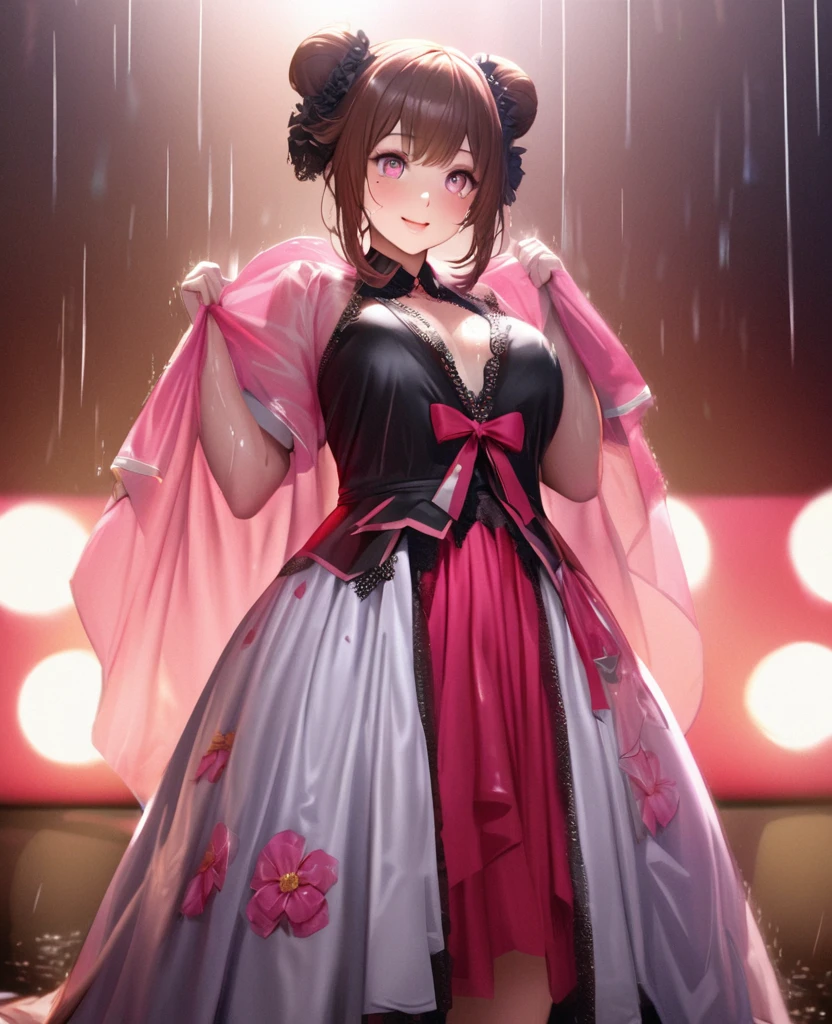 One Girl、Looking at the audience、lovely,
Beautiful pink eyes、Two brown double hair buns , Mole under the eye、Plump and glossy lips、Heart-shaped choca、Idol、Her name is May,smile、ー、。.。.。.。.。.。.。.。.。.。.。.。.。.。.。.。.。.。.3D、Realistic、
The idol's costume was soaked in the heavy rain, and her chest was wet and transparent.Heavy rain at outdoor concert, Drape clothes、gem、The decoration has been removed、Floral、Lace trim,On a glittering stage、
masterpiece、highest quality、8k、Detailed skin texture、Detailed cloth texture、Beautifully detailed face、Intricate details、Very detailed、
超A high resolution、8k Ultra HD、Film Grain、Best Shadow、delicate、Gazing at the audience、front
