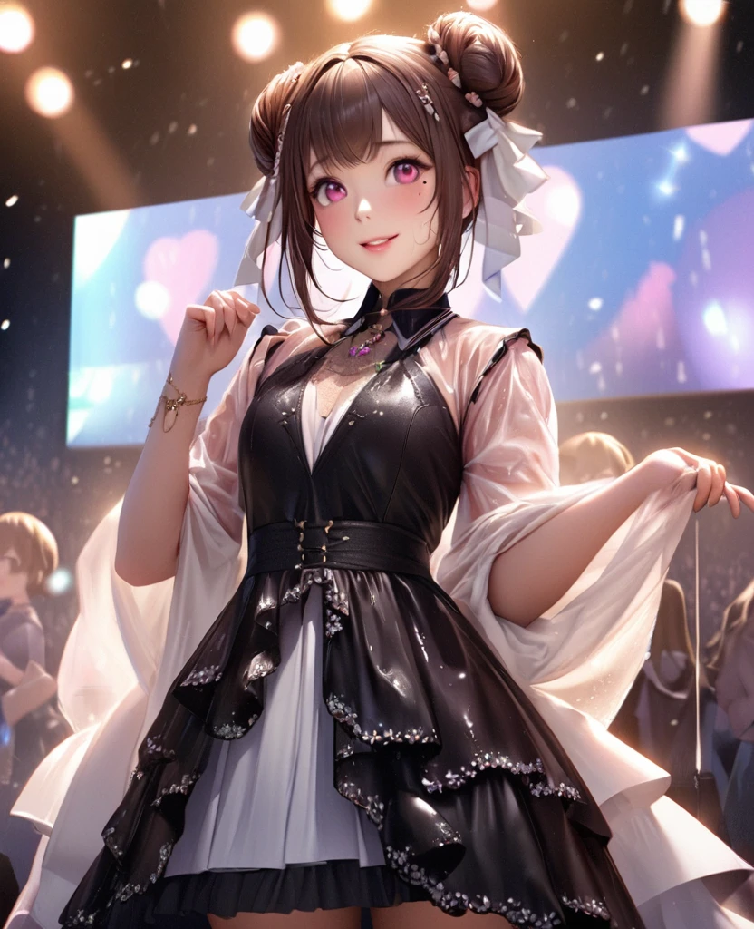 One Girl、Looking at the audience、lovely,
Beautiful pink eyes、Two brown double hair buns , Mole under the eye、Plump and glossy lips、Heart-shaped choca、Idol、Her name is May,smile、ー、。.。.。.。.。.。.。.。.。.。.。.。.。.。.。.。.。.。.3D、Realistic、
The idol's costume was soaked in the heavy rain, and her chest was wet and transparent.Heavy rain at outdoor concert, Drape clothes、gem、The decoration has been removed、Floral、Lace trim,On a glittering stage、
masterpiece、highest quality、8k、Detailed skin texture、Detailed cloth texture、Beautifully detailed face、Intricate details、Very detailed、
超A high resolution、8k Ultra HD、Film Grain、Best Shadow、delicate、Gazing at the audience、front