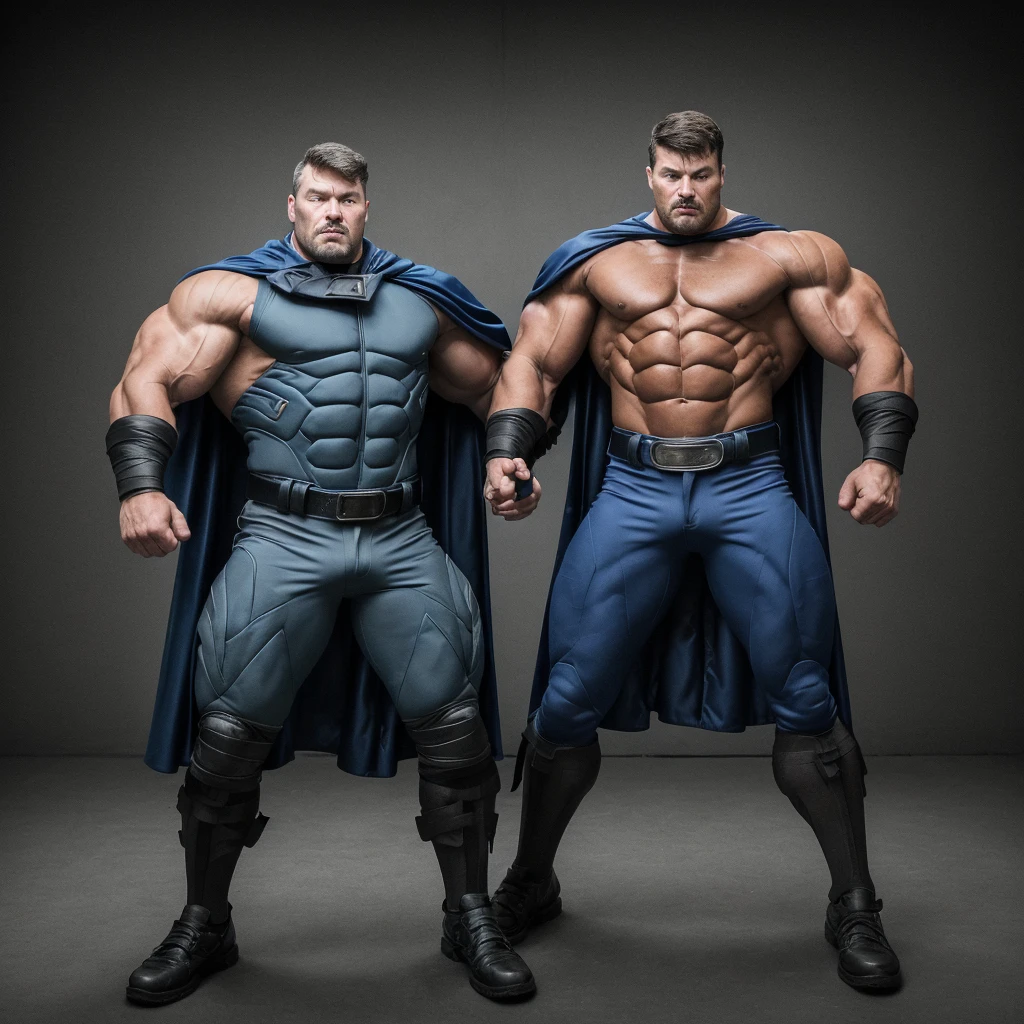 A full-body 3D male realistic model, wearing a full-body hero suit and cape in the pattern of a professional baseball uniform, a very short-haired, crew-cut, cool, dandy-looking, veteran-aged man with a shiny, sparkling blue cape that is longer than his body, gloves and a cap are always worn, an original hero, only the eyebrows, eyelashes and eyes are visible, his mouth is bandaged and sealed, the upper half of his face is bare with a sharp look in his eyes, he has six-pack abs, a muscular, macho, sturdy body and is cool, with both legs closed and both hands clasped behind his back in an X shape, his whole body tied up and sealed with duct tape and held. Tired, he has collapsed and is sleeping with his eyes closed. A coat of arms, in a dark room background, his whole body facing forward, backward, left and right (north, south, east and west), an image of him being mummified and restrained