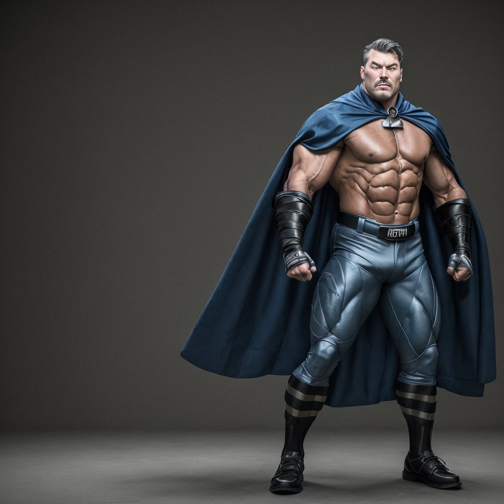 A full-body 3D male realistic model, wearing a full-body hero suit and cape in the pattern of a professional baseball uniform, a very short-haired, crew-cut, cool, dandy-looking, veteran-aged man with a shiny, sparkling blue cape that is longer than his body, gloves and a cap are always worn, an original hero, only the eyebrows, eyelashes and eyes are visible, his mouth is bandaged and sealed, the upper half of his face is bare with a sharp look in his eyes, he has six-pack abs, a muscular, macho, sturdy body and is cool, with both legs closed and both hands clasped behind his back in an X shape, his whole body tied up and sealed with duct tape and held. Tired, he has collapsed and is sleeping with his eyes closed. A coat of arms, in a dark room background, his whole body facing forward, backward, left and right (north, south, east and west), an image of him being mummified and restrained