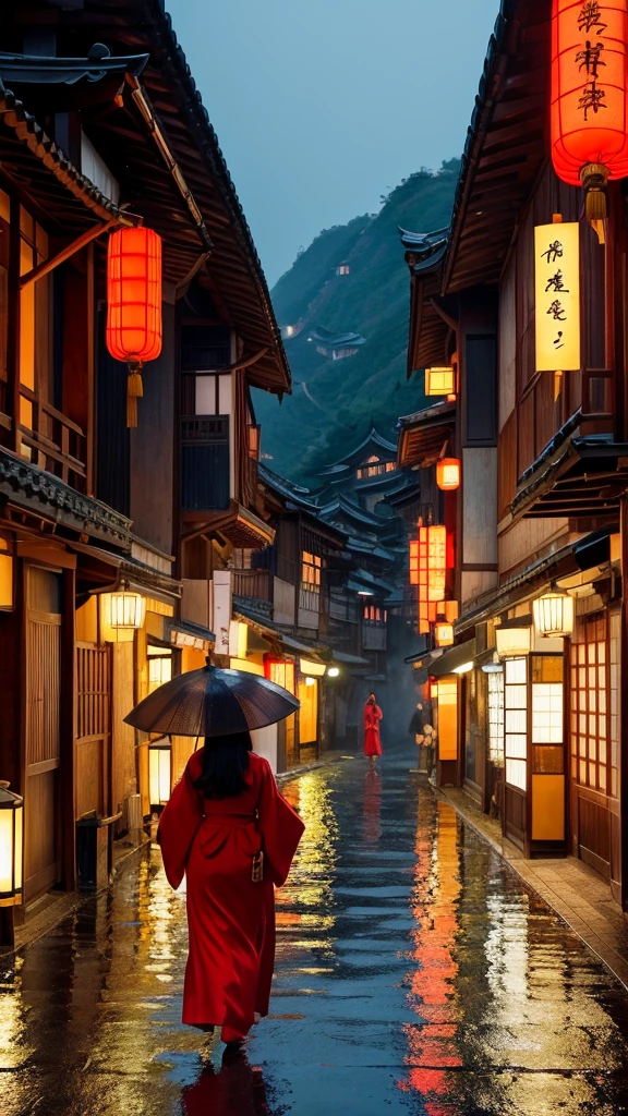 A girl, back hair with poney tall, wearing red kimono, she is looking at me, face is lit up, eyes are verybright. with lots of yokai,
arafed view of a village with a lot of lights on the buildings, dreamy chinese town, chinese village, amazing wallpaper, japanese town, japanese village, hyper realistic photo of a town, old asian village, japanese city, by Raymond Han, rainy evening, cyberpunk chinese ancient castle, beautifully lit buildings, at evening during rain, beautiful and aesthetic, photography, cinematic, 8k, high detailed ((Heavy rain)))