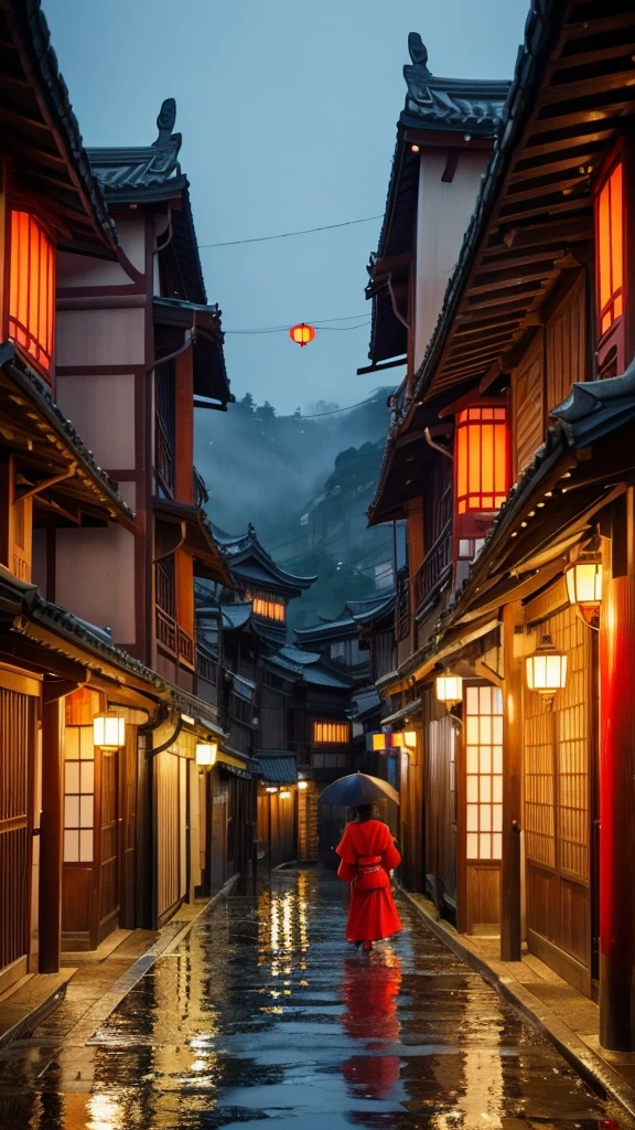 A girl, back hair with poney tall, wearing red kimono, she is looking at me, face is lit up, eyes are verybright. with lots of yokai,
arafed view of a village with a lot of lights on the buildings, dreamy chinese town, chinese village, amazing wallpaper, japanese town, japanese village, hyper realistic photo of a town, old asian village, japanese city, by Raymond Han, rainy evening, cyberpunk chinese ancient castle, beautifully lit buildings, at evening during rain, beautiful and aesthetic, photography, cinematic, 8k, high detailed ((Heavy rain)))