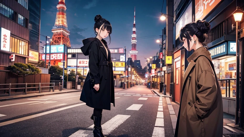 With Tokyo Tower in the background at night、There is a woman in a long coat。She has pale dark eyes and a bun hairstyle..、There are hardly any people around。Earrings、necklace、bracelet、watch、I also wear long boots。Right beside・profile
