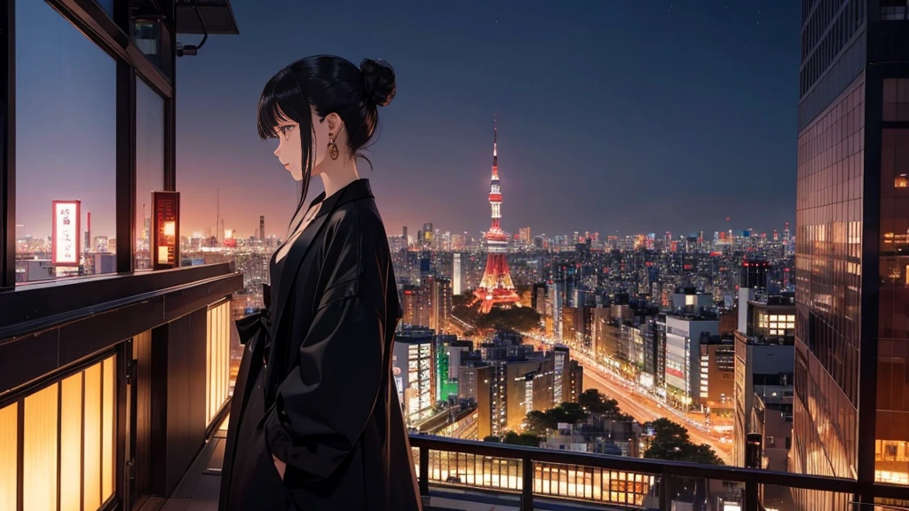 With Tokyo Tower in the background at night、There is a woman in a long coat。She has pale dark eyes and a bun hairstyle..、There are hardly any people around。Earrings、necklace、bracelet、watch、I also wear long boots。Right beside・profile