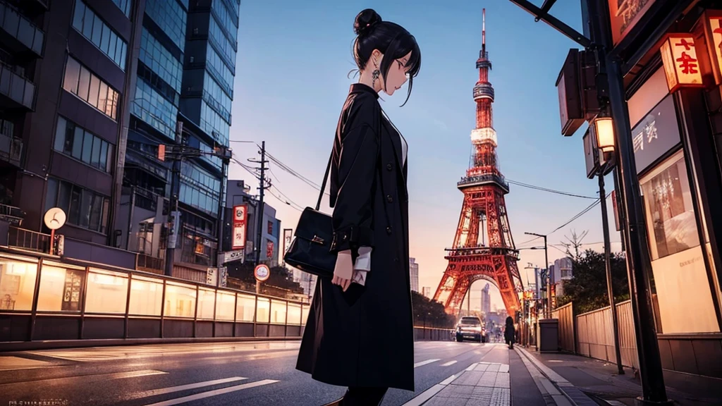 With Tokyo Tower in the background at night、There is a woman in a long coat。She has pale dark eyes and a bun hairstyle..、There are hardly any people around。Earrings、necklace、bracelet、watch、I also wear long boots。Right beside･profile