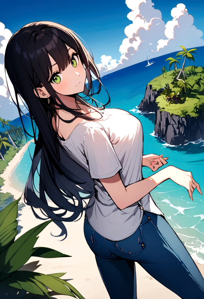 A girl with black hair and green eyes wearing a short sleeve shirt and a pair of jeans on a Island