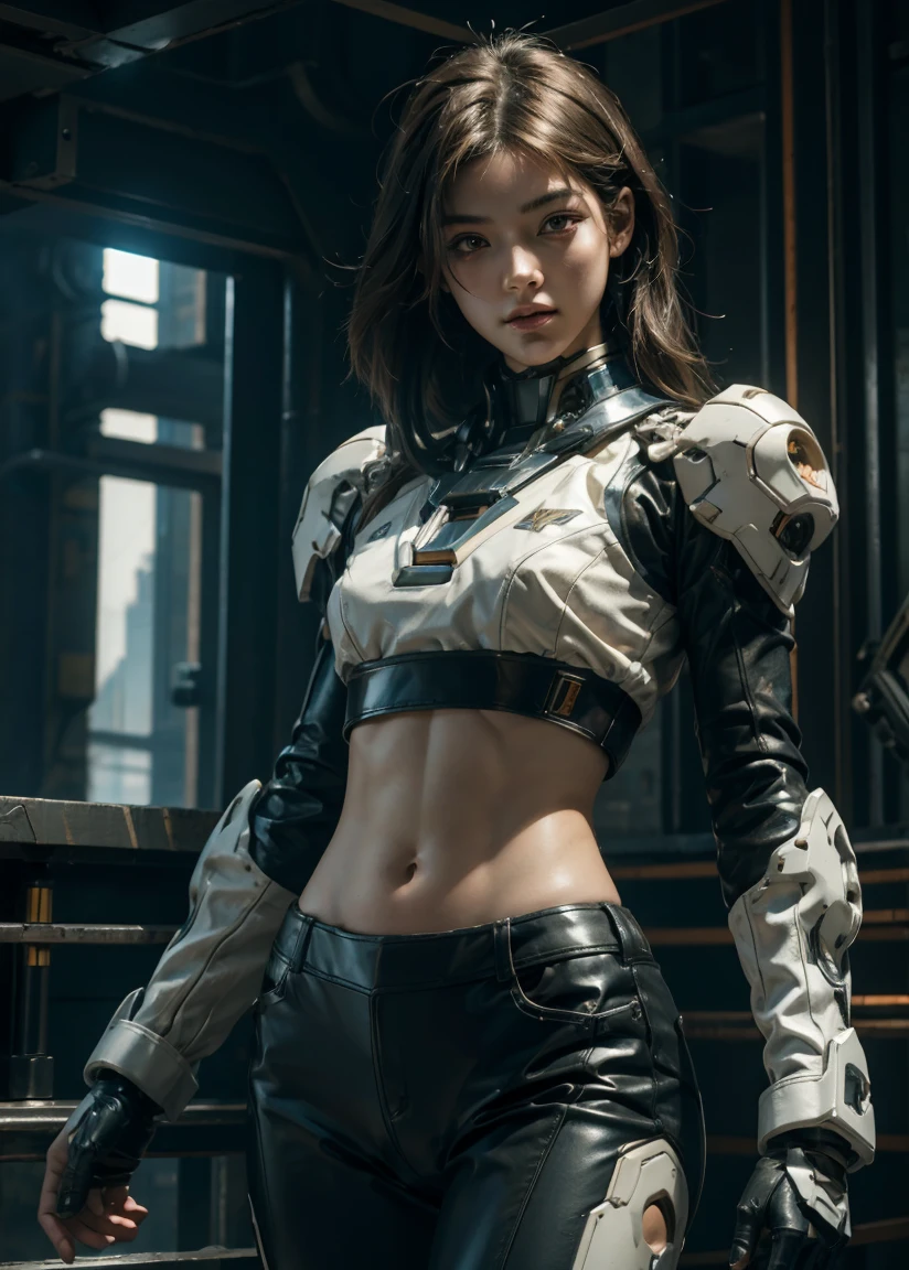 A beautiful detailed woman wearing a futuristic Gundam mecha, close-up cowboy shot, bare midriff, navel, exposed abs, chiseled physique, high-resolution, 4K, ultra-detailed, best quality, hyper-realistic, photo-realistic, intricate textures, skin pores, high definition, studio lighting, physically-based rendering, vivid colors, dynamic lighting, sci-fi, mecha, cyberpunk, female protagonist
