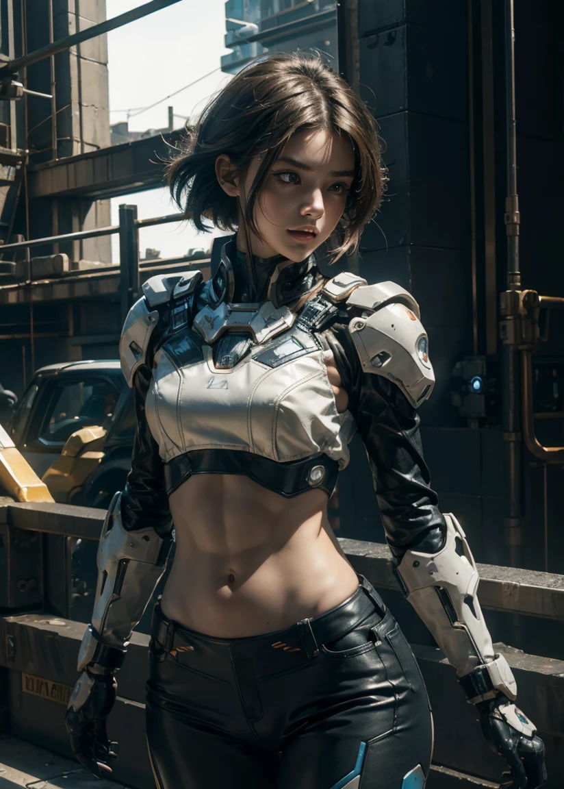 A beautiful detailed woman wearing a futuristic Gundam mecha, close-up cowboy shot, bare midriff, navel, exposed abs, chiseled physique, high-resolution, 4K, ultra-detailed, best quality, hyper-realistic, photo-realistic, intricate textures, skin pores, high definition, studio lighting, physically-based rendering, vivid colors, dynamic lighting, sci-fi, mecha, cyberpunk, female protagonist