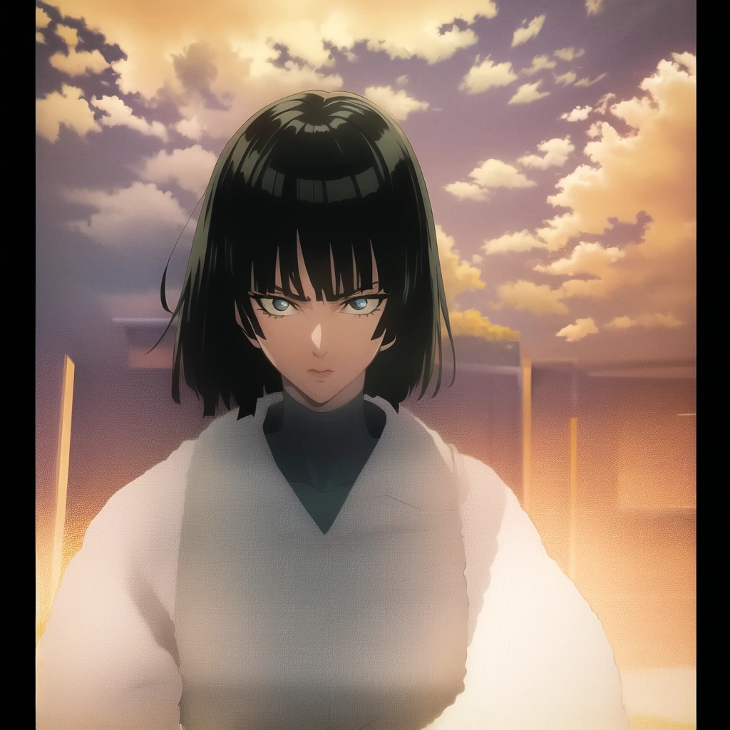FubukiOPM, looking_at_viewer, closed_mouth, upper_body, sky, aura, blue_sky, cloud, serious, telekinesis, full_body