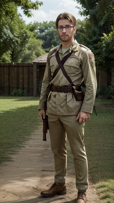 front view, Full body ,looking at viewer, White male, English man, 22 year old , The head is middle hair, blond hair, Black-rimmed glasses, blue eye, Beard is stubble, WW II, England Army, England Army uniform, officer, captain , holding machine-gun, standing, on ground, training camp outdoor, noon, (masterpiece, highest quality, High resolution, Photo realistic, sharp, RAW Photos, perfection, Very detailed),