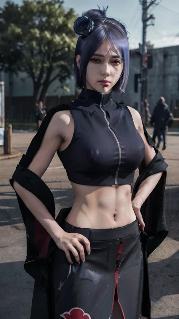 1girl,solo,konan \(naruto\),(upper body:1.2),akatsuki outfit,narrow waist,looking at viewer,masterpiece,best quality,absurdres,highly detailed,photo realistic,best shadow,dramatic lighting,depth of field,outdoors, hands on hip, crop top, black skirt