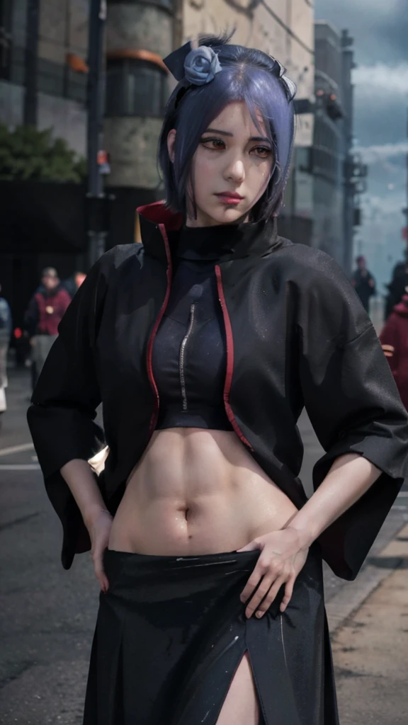 1girl,solo,konan \(naruto\),(upper body:1.2),akatsuki outfit,narrow waist,looking at viewer,masterpiece,best quality,absurdres,highly detailed,photo realistic,best shadow,dramatic lighting,depth of field,outdoors, hands on hip, crop top, black skirt