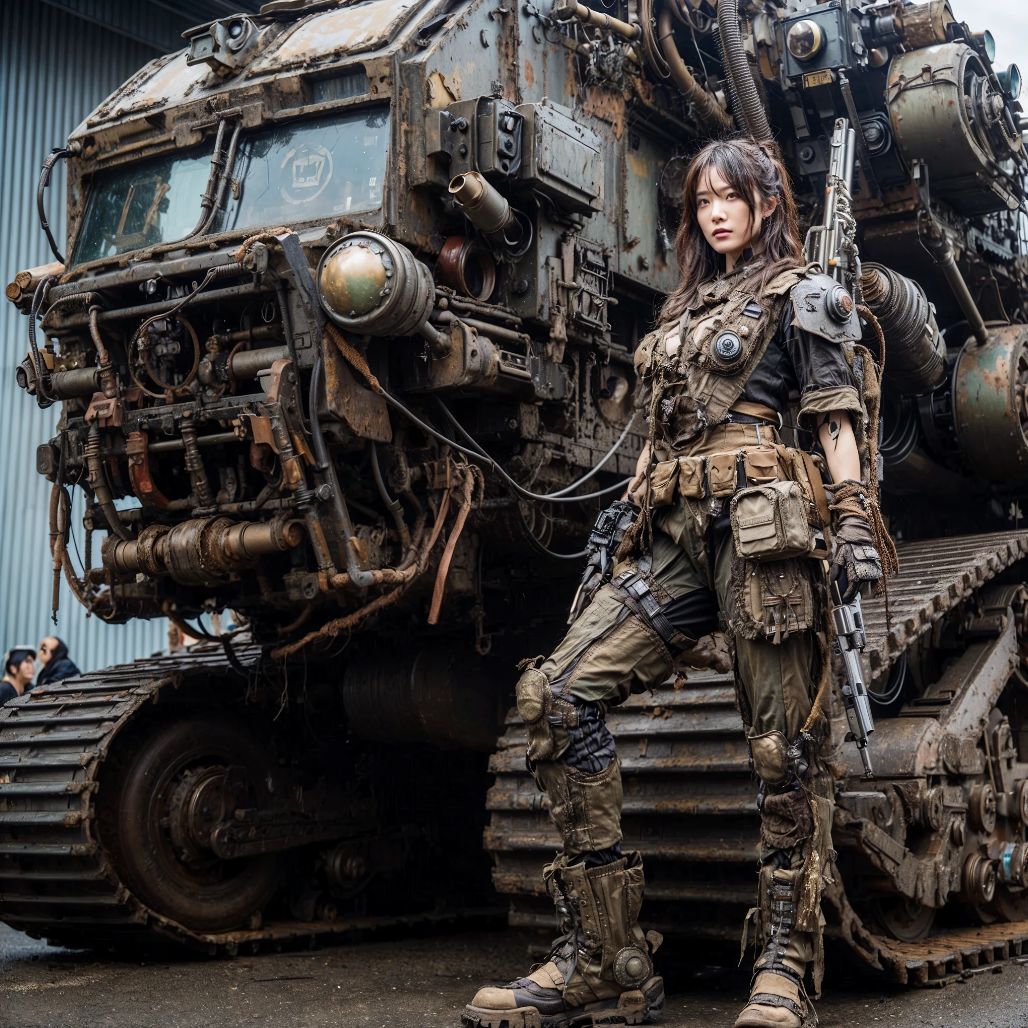 (masterpiece, best quality:1.2), (8k uhd, 16k, 32k, ultra high res), Steampunk, fictional WWII former Japanese Imperial Army armored car and cyborg Japanese female soldier, beautiful face, torn pants, dirty clothes, very intricate details, olive drab paint, peeling paint, weathering, fortress attack, realistic photo, taken with Fuji film X-T30+Nokton. HDR10