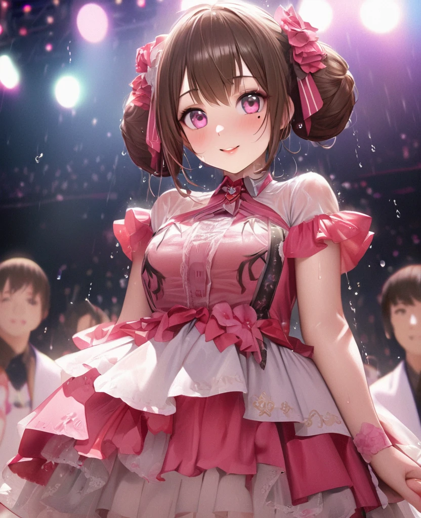 One Girl、Looking at the audience、lovely,
Beautiful pink eyes、Two brown double hair buns , Mole under the eye、Plump and glossy lips、Heart-shaped choca、Idol、Her name is May,smile、ー、。.。.。.。.。.。.。.。.。.。.。.。.。.。.。.。.。.。.3D、Realistic、
The idol's costume was soaked in the heavy rain, and her chest was wet and transparent.Heavy rain at outdoor concert, Drape clothes、gem、The decoration has been removed、Floral、Lace trim,On a glittering stage、
masterpiece、highest quality、8k、Detailed skin texture、Detailed cloth texture、Beautifully detailed face、Intricate details、Very detailed、
超A high resolution、8k Ultra HD、Film Grain、Best Shadow、delicate、Gazing at the audience、front
