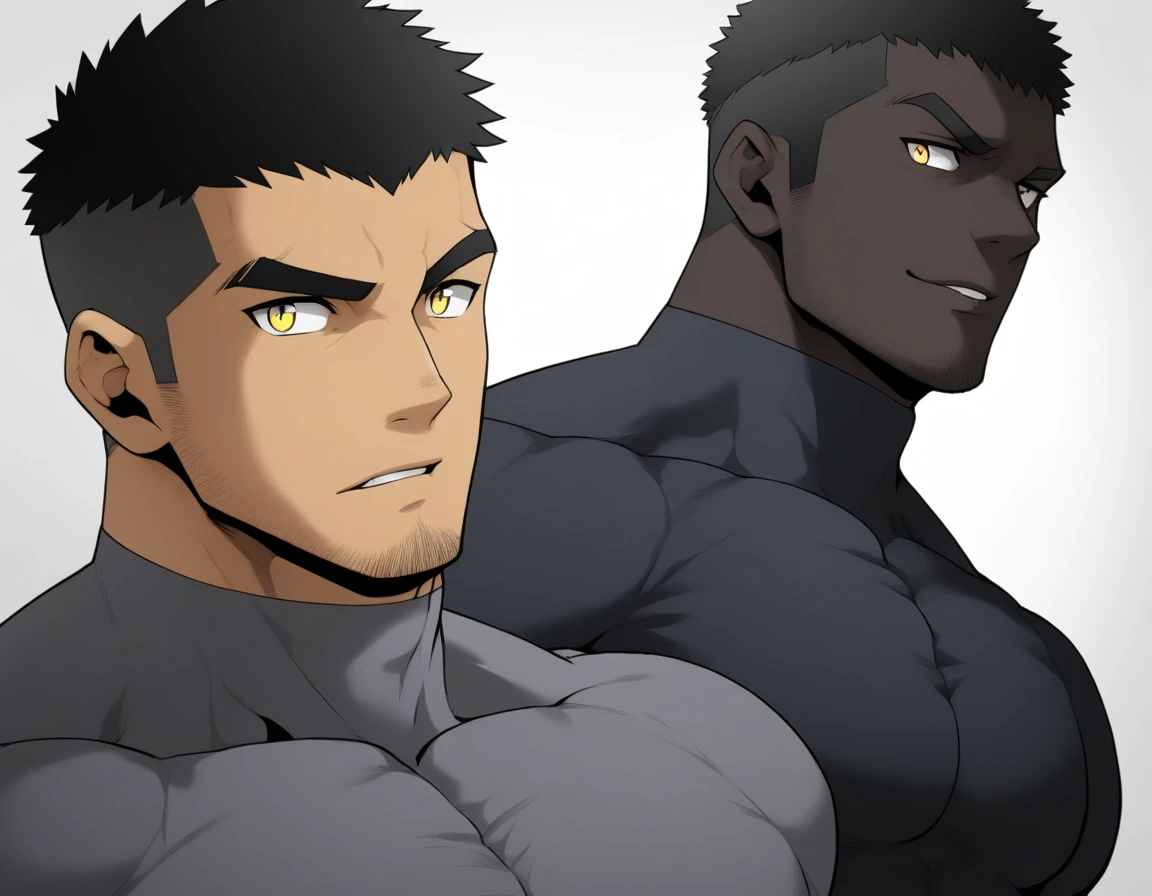 one negro, anime characters:Gyee, Hibino Kafka, Muscle Sports Student, ????? black skin, Very Black, 1 muscular tough guy, Manliness, male focus, Dark grey turtleneck tight T-shirt, Regular symmetrical pattern, Very tight, The pectoral muscles are oversized, muscular male, muscular, only, Upper body, alone, Black short hair, Thick eyebrows, stubble, Yellow eyes, White background, simple background, amazing quality, best aesthetics, Ridiculous, bright pupils, crew cut, parted lips, seductive smile, torogao, naughty face, best quality