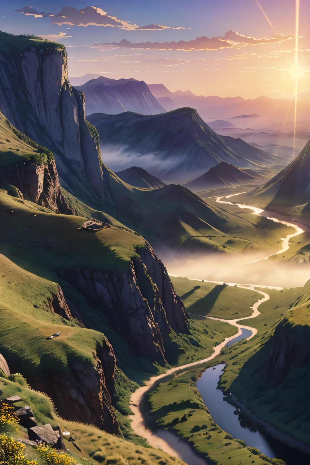 a painting of the sun shining over a valley, a detailed matte painting by Makoto Shinkai, cgsociety, american scene painting, terragen, matte painting, anime