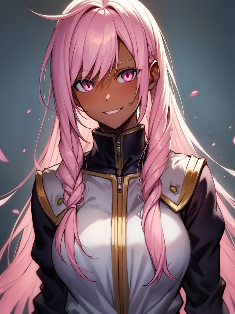 ((spiked hair)), ((long hair)), ((light pink hair)), ((pink eyes)), ((cheerful expression)), (shinobi clothing)), ((dark skin)), ((flowers)), ((complementary colors)), ((mature female)), 1girl, beautifully drawn, high resolution illustration, best quality, High definition, ((detailed anime sketch)), Masterpiece, (solo), absurdres, portrait, ((upper body)), detailed background, fine detail, female focus, HDR,
