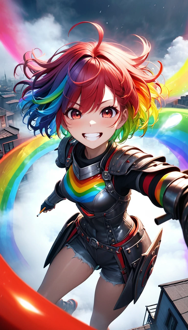 From above, Highest quality, Highest quality, 16K, Unbelievably absurd, Very detailed, 3D, delicate and dynamic, Ruthless, Cool and beautiful female warrior, Shining Rainbow Perspective, Rainbow colored messy wavy short hair, Captivating look, Excited expression, Teasing Smile, Grin, Mischievous Smile, Heavy Armor,Ominous Aura Swirl Effect, Background Rooftop , Big Red Full Moon, Exposed Steel, Flying glass, spark, cigarette, fog, Spooky atmosphere colors, Slow-motion effect, Dark fantasy