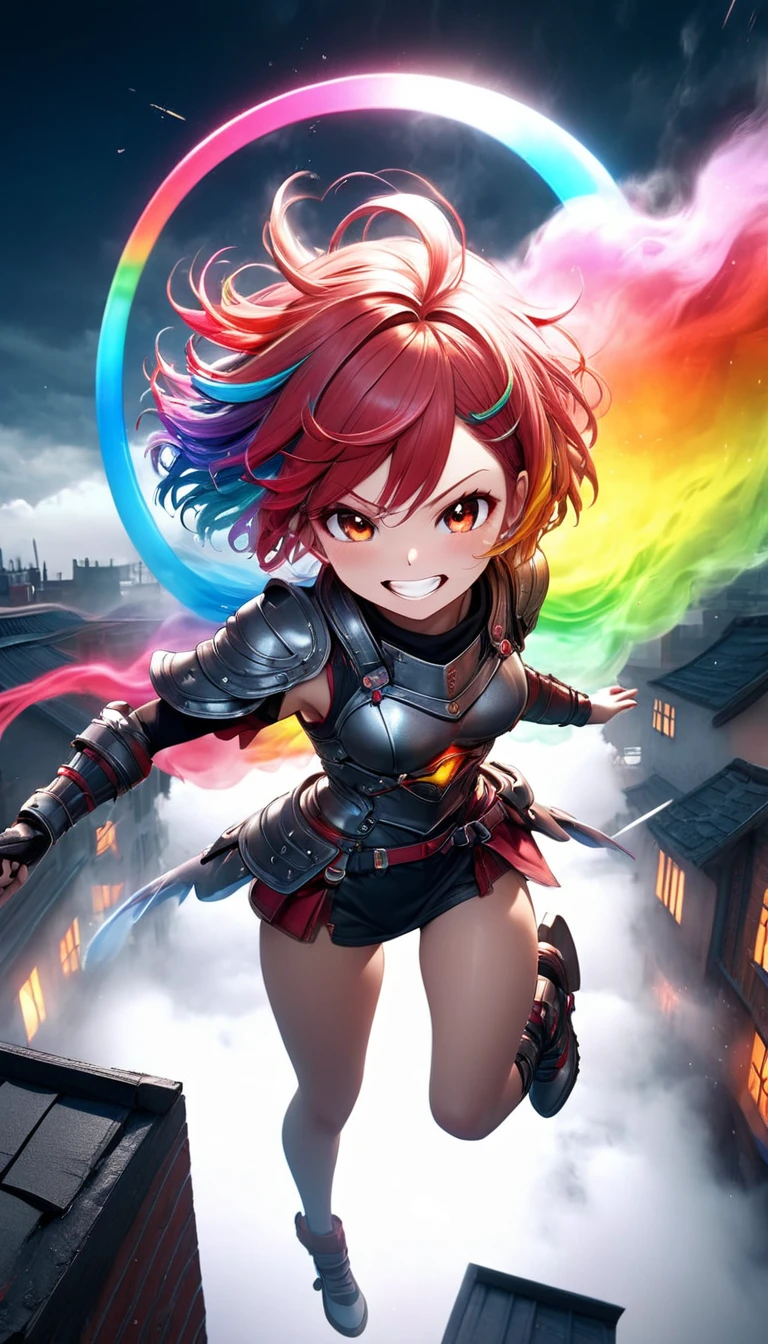 From above, Highest quality, Highest quality, 16K, Unbelievably absurd, Very detailed, 3D, delicate and dynamic, Ruthless, Cool and beautiful female warrior, Shining Rainbow Perspective, Rainbow colored messy wavy short hair, Captivating look, Excited expression, Teasing Smile, Grin, Mischievous Smile, Heavy Armor,Ominous Aura Swirl Effect, Background Rooftop , Big Red Full Moon, Exposed Steel, Flying glass, spark, cigarette, fog, Spooky atmosphere colors, Slow-motion effect, Dark fantasy