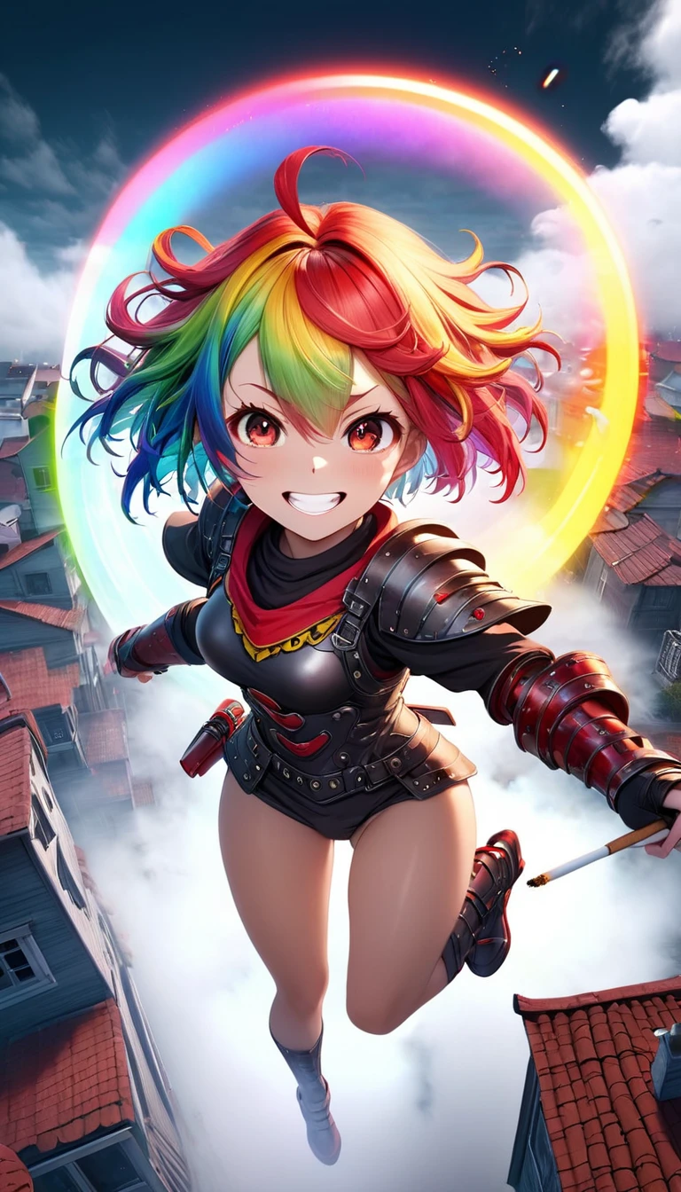 From above, Highest quality, Highest quality, 16K, Unbelievably absurd, Very detailed, 3D, delicate and dynamic, Ruthless, Cool and beautiful female warrior, Shining Rainbow Perspective, Rainbow colored messy wavy short hair, Captivating look, Excited expression, Teasing Smile, Grin, Mischievous Smile, Heavy Armor,Ominous Aura Swirl Effect, Background Rooftop , Big Red Full Moon, Exposed Steel, Flying glass, spark, cigarette, fog, Spooky atmosphere colors, Slow-motion effect, Dark fantasy