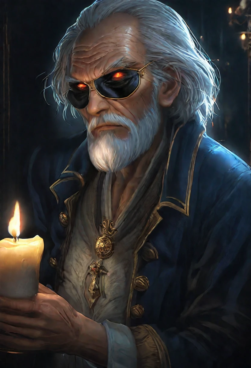 ((old man with eye patch in the gloom of the night:1.5)), holding a candle in his hand, (face illuminated by candlelight: 1.3), HD, 8K, detailed, cinematic, dramatic lighting, chiaroscuro, moody atmosphere, photorealistic, (best quality, 4k, 8K, high resolution, masterpiece: 1.2), ultra detailed, Sharp focus, (realistic, photorealistic, photo-realistic: 1.37), very face detailed,extremely detailed facial features,hyper realistic skin texture,extremely fine details,intricate details,