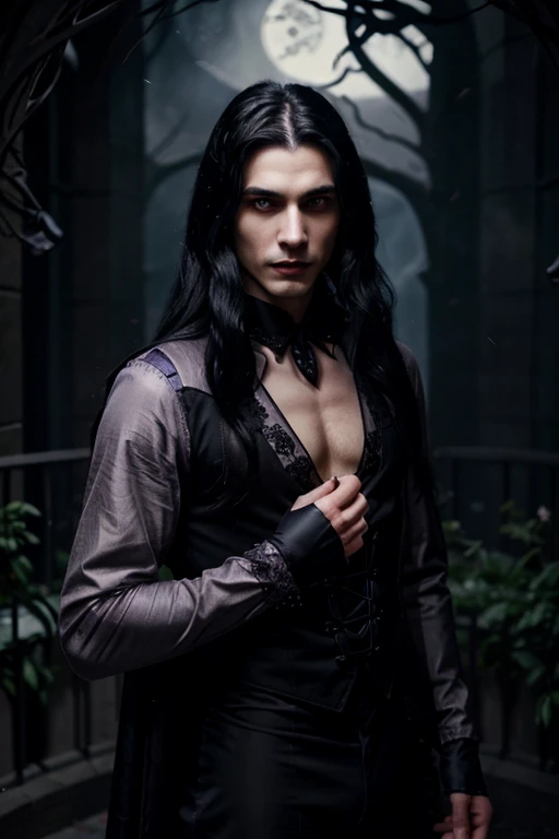 Lovely young handsome hetero Man Jinx Edward vampire with super big indigo eyes and gems and long black hair, with nice and delicate face, in a dark gothic magic castle with annie and claudia and Lestat, in Red Rose manor. Terror ambient. The more handsome man in the world. Night storm. Gothic scene. Cats eyes.