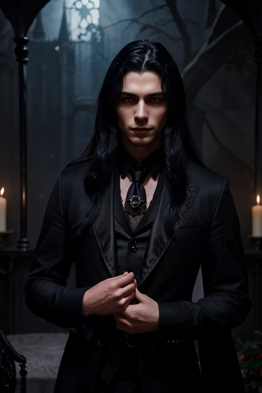 Lovely young handsome hetero Man Jinx Edward vampire with super big indigo eyes and gems and long black hair, with nice and delicate face, in a dark gothic magic castle with annie and claudia and Lestat, in Red Rose manor. Terror ambient. The more handsome man in the world. Night storm. Gothic scene. Cats eyes.
