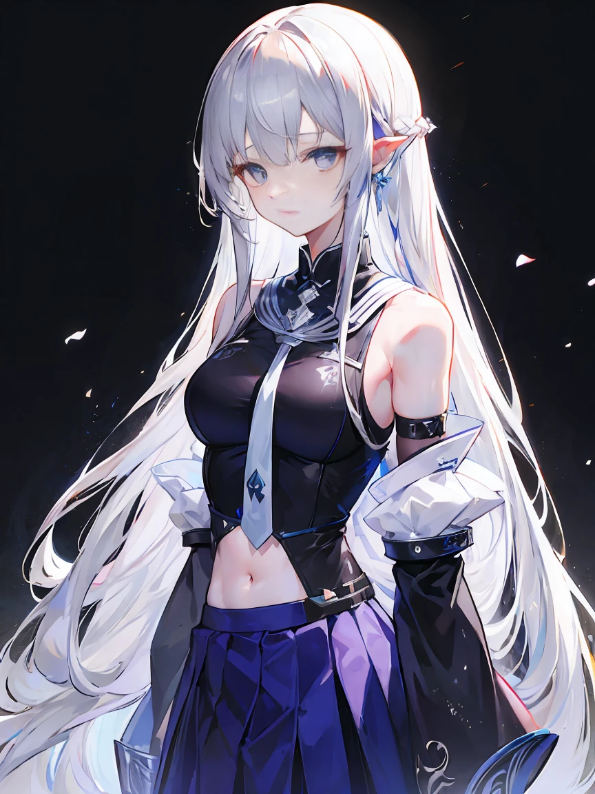 Light purple gradient hair,asymmetrical hair,（（Thick hair 1.8，Clear head outline 1.6））， Shoulder-length hair, messy hair, Very long hair, shiny hair，(long gray hair:1.2),A beautiful girl，（White school uniform, Black skirt，Navel，Bare shoulders，Blue tie）(Separate sleeves,Wide sleeves),(Fingerless gloves)，（Transparent clothes transparent 1.8），Perfect body，，(Looks sad，Looks haggard ，Grief，shut your mouth：1.2） With dark forest background，，Upper body photo。（avatar）