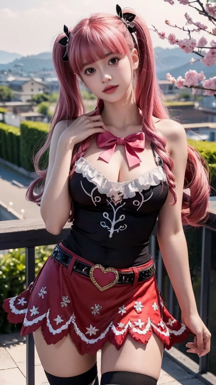 1girl, beautiful detailed eyes, beautiful detailed lips, extremely detailed eyes and face, long eyelashes, blushing, half body shot, lovely face, embarrassed expression, smiling at viewer, perona one piece, twin tails, goth costume, striped leggings, skirt, cherry blossoms, balcony background, (best quality, 8k, highres, masterpiece:1.2), ultra-detailed, (realistic, photorealistic, photo-realistic:1.37), vivid colors, physically-based rendering, extreme detail description, professional