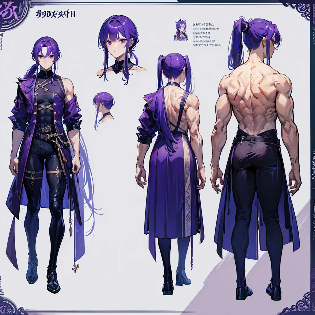 (Masterpiece, best quality), detailed, 1 man, ((character concept art)), ((character design sheet, same character, front, side, back)), full body, body complete, 1 Male, 1 Man, Detailed face, character design sheet，full bodyesbian, Highly detailed, character sheet, character design, Many parts, dark skin, angel wings, long purple ponytail hair, angel outfit, muscle male god, male clothes, masculine, muscle man, male muscle, manly, male angel, Muscle male with purple long ponytail hair，beautiful man,
