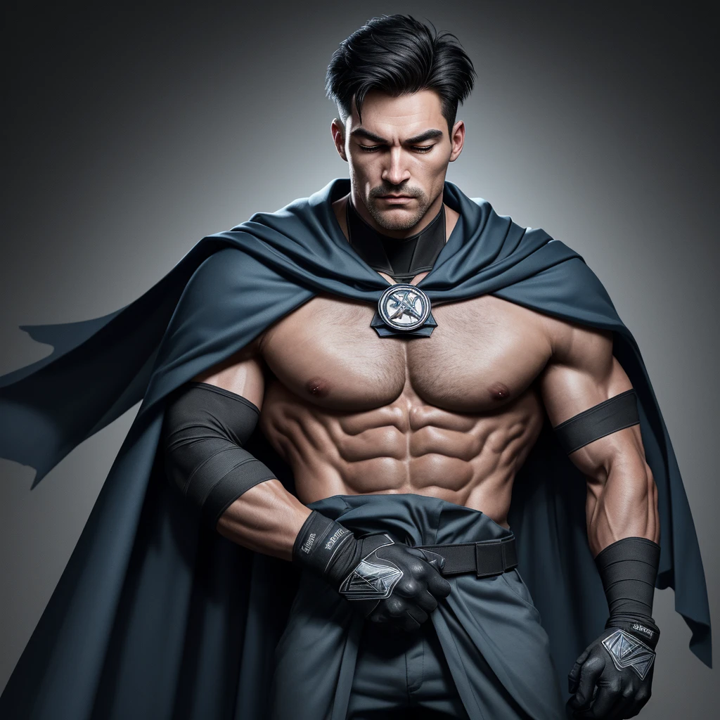 A full-body 3D male realistic model, wearing a full-body hero suit and cape in the pattern of a professional baseball uniform, a very short-haired, crew-cut, cool, dandy-looking, veteran-aged man with a shiny, sparkling blue cape that is longer than his body, gloves and a cap are always worn, an original hero, only the eyebrows, eyelashes and eyes are visible, his mouth is bandaged and sealed, the upper half of his face is bare with a sharp look in his eyes, he has six-pack abs, a muscular, macho, sturdy body and is cool, with both legs closed and both hands clasped behind his back in an X shape, his whole body tied up and sealed with duct tape and held. Tired, he has collapsed and is sleeping with his eyes closed. A coat of arms, in a dark room background, his whole body facing forward, backward, left and right (north, south, east and west), an image of him being mummified and restrained