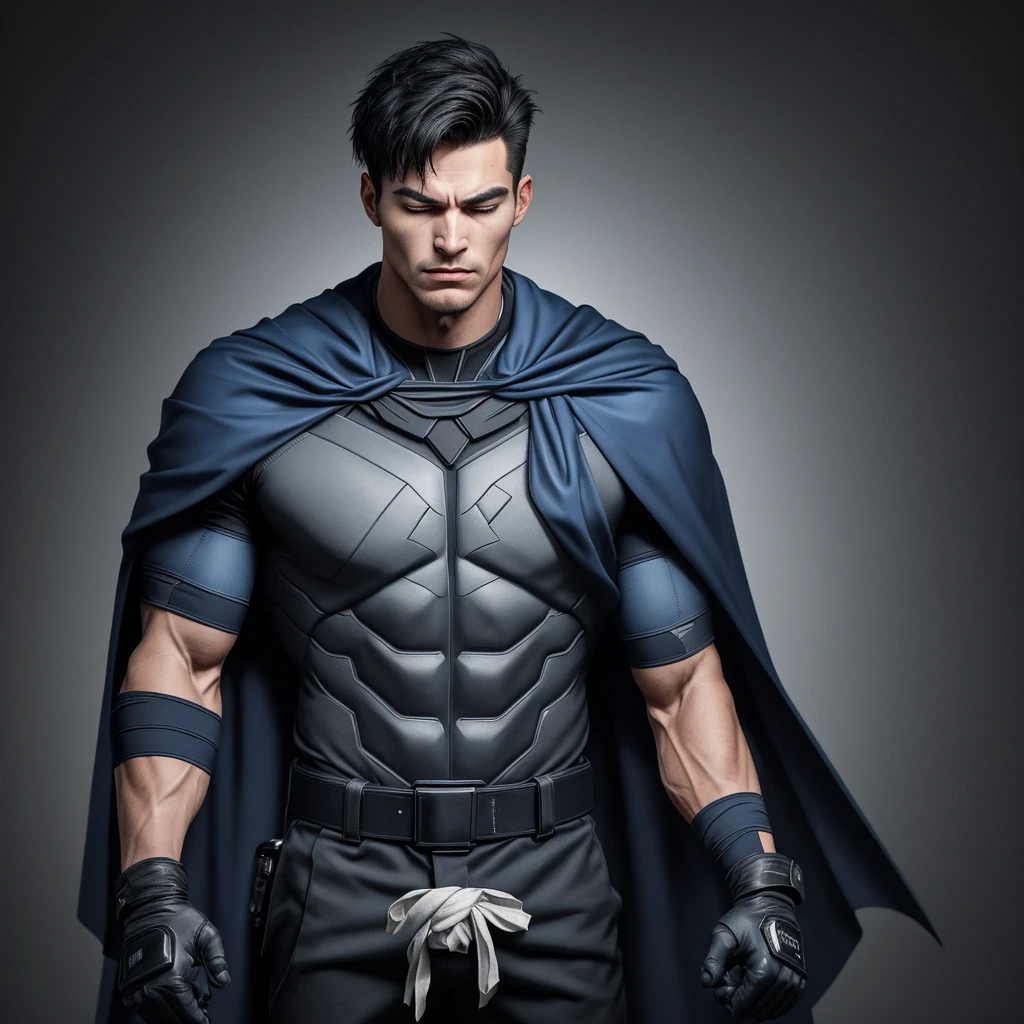 A full-body 3D male realistic model, wearing a full-body hero suit and cape in the pattern of a professional baseball uniform, a very short-haired, crew-cut, cool, dandy-looking, veteran-aged man with a shiny, sparkling blue cape that is longer than his body, gloves and a cap are always worn, an original hero, only the eyebrows, eyelashes and eyes are visible, his mouth is bandaged and sealed, the upper half of his face is bare with a sharp look in his eyes, he has six-pack abs, a muscular, macho, sturdy body and is cool, with both legs closed and both hands clasped behind his back in an X shape, his whole body tied up and sealed with duct tape and held. Tired, he has collapsed and is sleeping with his eyes closed. A coat of arms, in a dark room background, his whole body facing forward, backward, left and right (north, south, east and west), an image of him being mummified and restrained