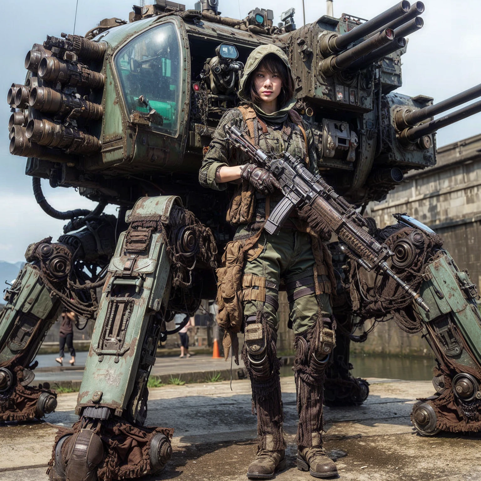 (masterpiece, best quality:1.2), (8k uhd, 16k, 32k, ultra high res), Steampunk, fictional WWII former Japanese Imperial Army armored car and cyborg Japanese female soldier, beautiful face, torn pants, dirty clothes, very intricate details, olive drab paint, peeling paint, weathering, fortress attack, realistic photo, taken with Fuji film X-T30+Nokton. HDR10