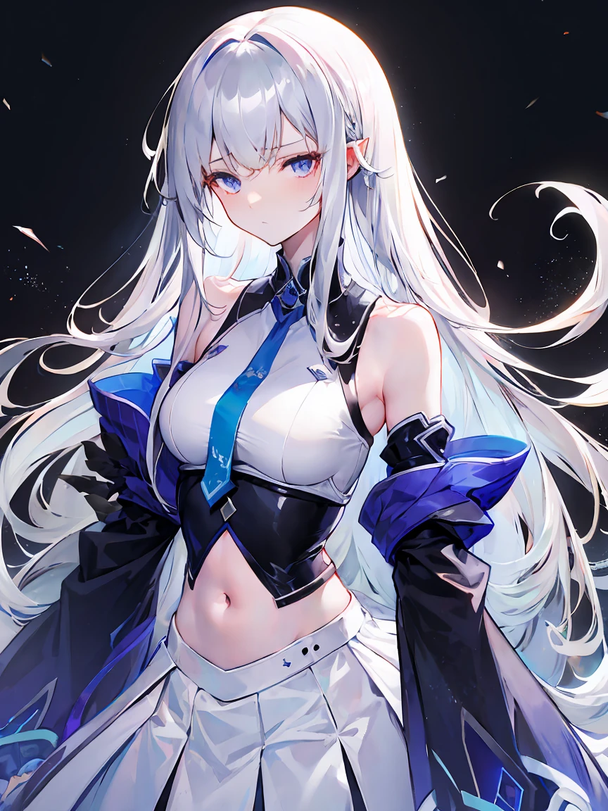 Light purple gradient hair,asymmetrical hair,((Thick hair 1.8,Clear head outline 1.6)), Shoulder-length hair, messy hair, Very long hair, shiny hair,(long gray hair:1.2),A beautiful girl,(White school uniform:2.0), Black skirt,Navel,Bare shoulders,Blue tie)(Separate sleeves,Wide sleeves),(Fingerless gloves),(Transparent clothes transparent 1.8),Perfect body,,(Looks sad,Looks haggard ,Grief,shut your mouth:1.2) With dark forest background,,Upper body photo。(avatar)