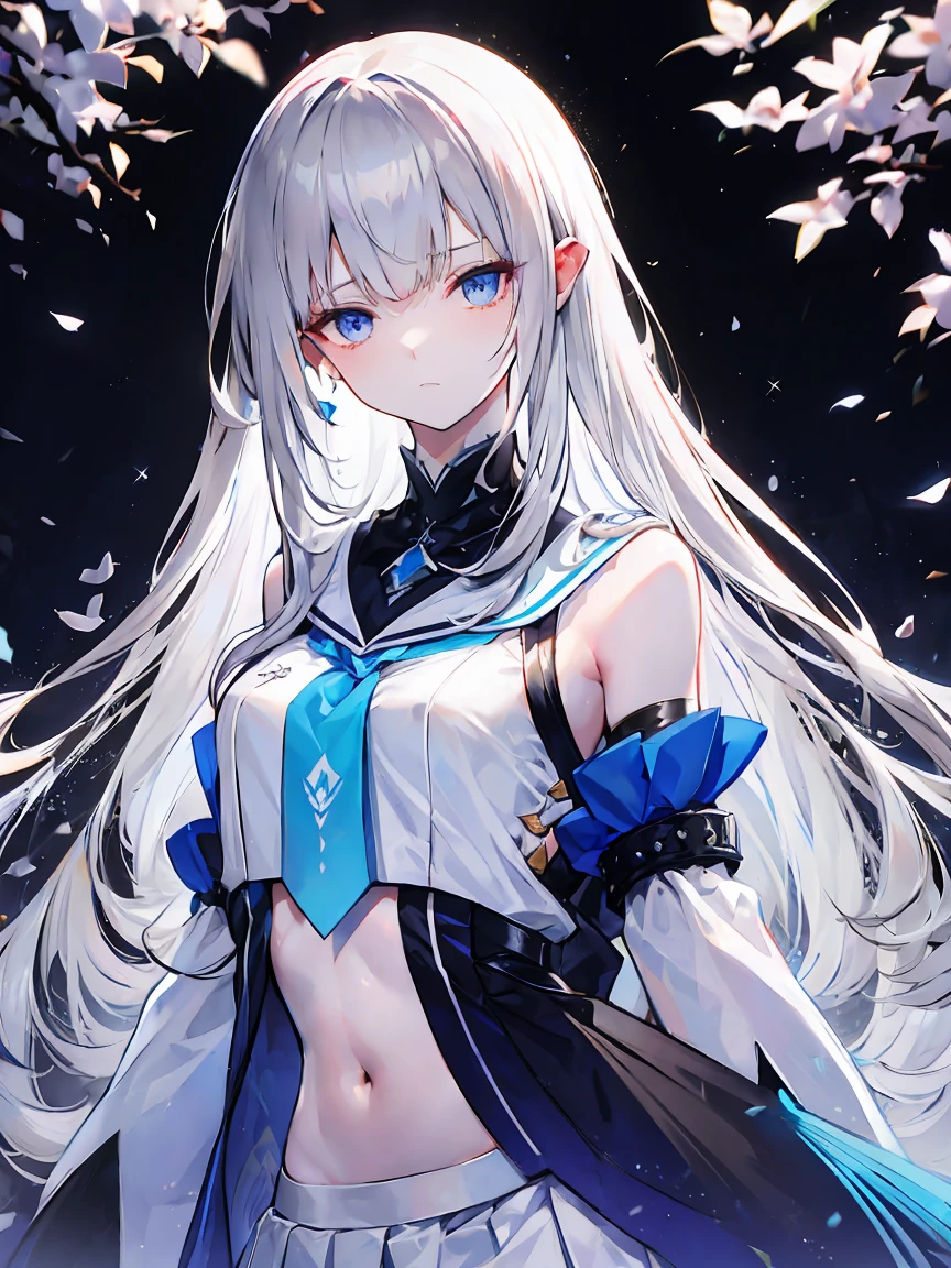 Light purple gradient hair,asymmetrical hair,((Thick hair 1.8,Clear head outline 1.6)), Shoulder-length hair, messy hair, Very long hair, shiny hair,(long gray hair:1.2),A beautiful girl,(White school uniform:2.0), Black skirt,Navel,Bare shoulders,Blue tie)(Separate sleeves,Wide sleeves),(Fingerless gloves),(Transparent clothes transparent 1.8),Perfect body,,(Looks sad,Looks haggard ,Grief,shut your mouth:1.2) With dark forest background,,Upper body photo。(avatar)