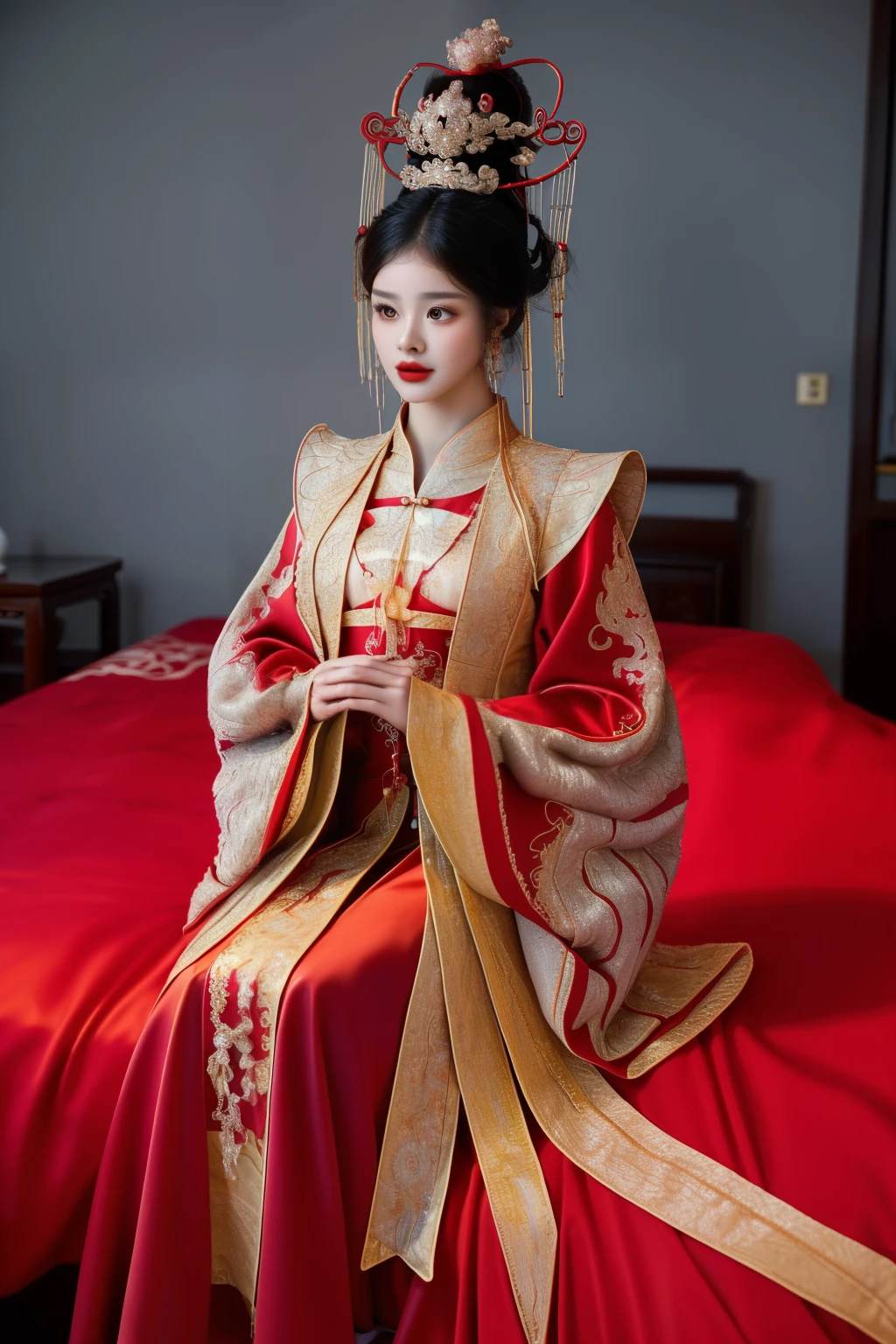 best quality, masterpiece, detailed, 1girl, The ultra-realistice，8K, An unrivalled masterpiece, full-body shot，Sit on a red bed，woman in red and gold dress，Headgear, Phoenix Coronet，Hairpin，blush，Very shy，Black_hair，Forehead Point，Ultra-detailed skin texture，Chinese_clothing，close up，hair_decorate，hanfu，earrings，In the room、