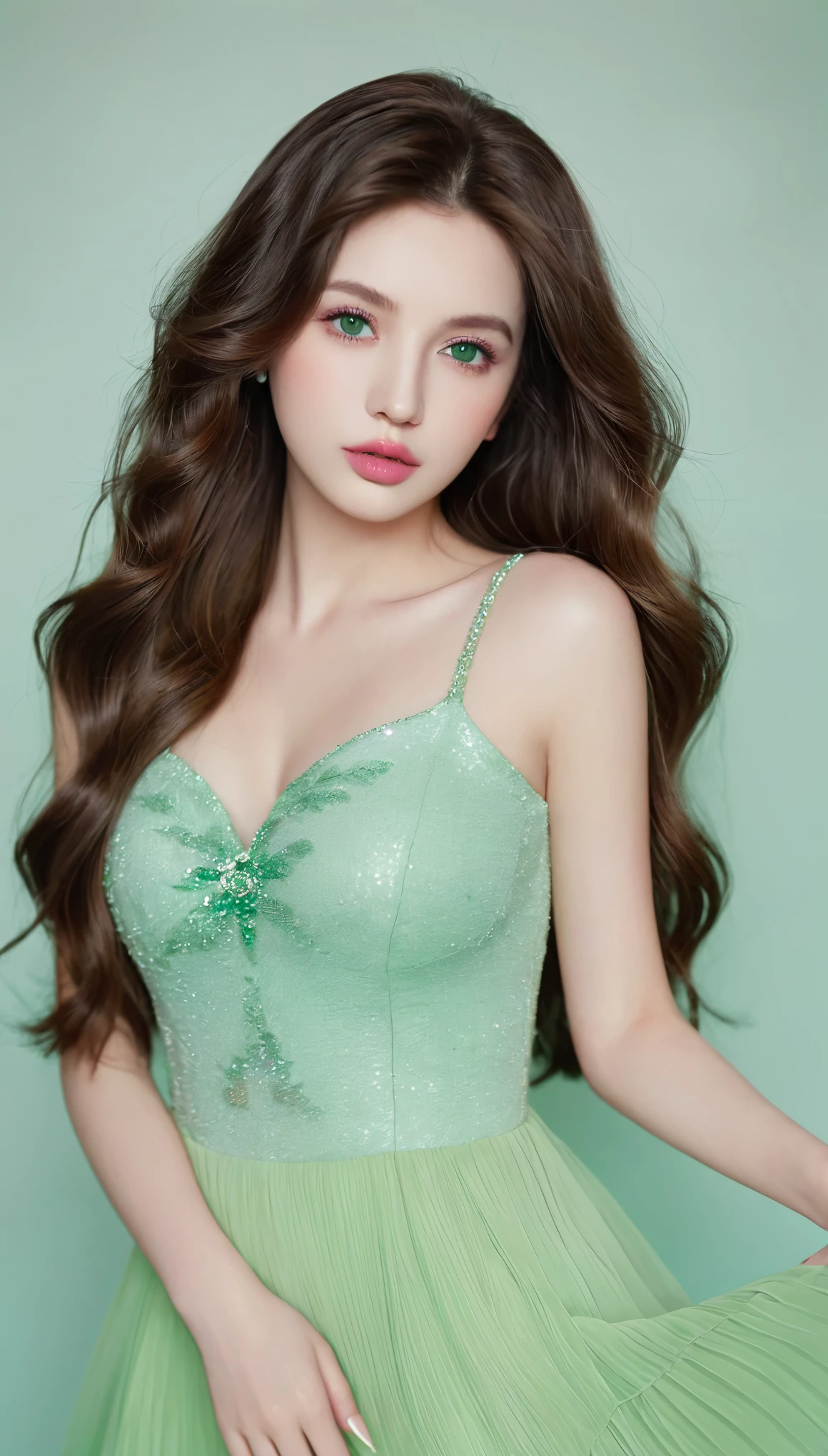 Long wavy hair, Brown hair, 1 Girl, Emerald eyes, Wave with two fingers, Pink lips, Light green dress,