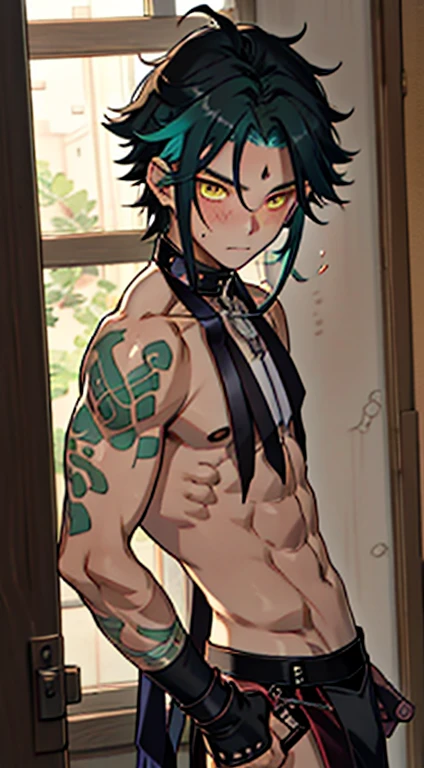 (masterpiece, Highest quality),juvenileの全身,(juvenile),ager face,body tilt,Delicate large eyes,Open your eyes,Smooth and delicate skin,Short face,Surprised expression,childhood,likeい年齢,Detailed painted face,Complex,naked,Bright colors,(Depth of written boundary:1.2),Raised to be sexy, Restrained arms,like々Shii, Imminent sexual activity, Black Thong, Femboy, 上半身naked, Blushing, Nervous, Intimate lighting, Black leather collar, slave, Longing for, Lewd, Dramatic lighting, Dark Light Emerald Hair Yellow Eyes Very big eyes Slim body Skinny body Narrow shoulders Thin arms